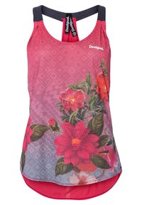 Top floreale rosso e rosa con un motivo geometrico, realizzato in materiale leggero. Presenta un design a schiena scoperta e spalline scure in contrasto.