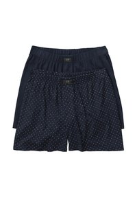 Zwei Paar marineblaue Boxershorts, eines einfarbig und eines mit kleinen weißen Punkten, mit elastischen Taillenbündchen und Knopfleisten.