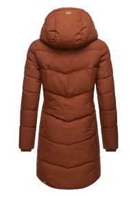Brown padded coat with a hood, featuring a chevron design on the back, ribbed sleeve cuffs, and a small brand logo at the hem.