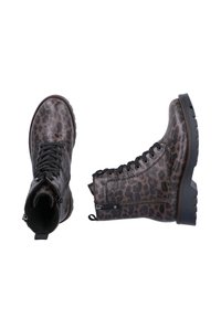 Leopardenmuster-Ankle Boots mit einem strukturierten braun-schwarzen Muster, ausgestattet mit einer Schnürung an der Vorderseite, einem seitlichen Reißverschluss und einer robusten Sohle.