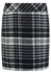Schwarz-weißer karierter A-Linie-Rock aus einem weichen, strukturierten Stoff. Verfügt über eine hohe Taille und einen geraden Saum. Schlichte Rückseite ohne Taschen.