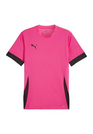 Roze sportshirt met korte mouwen, zwarte accenten op de mouwen en een klein zwart logo op de borst. Gemaakt van ademend materiaal.
