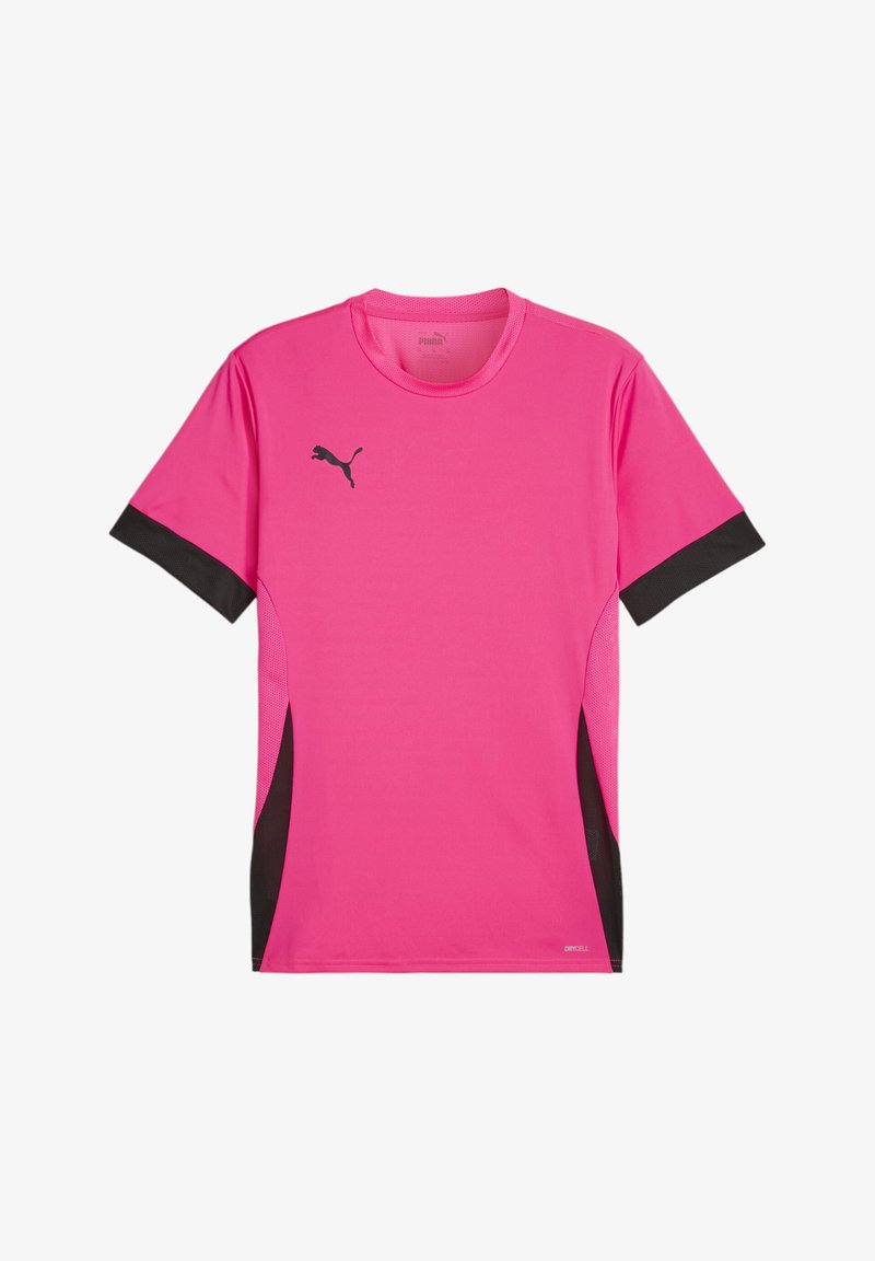 T-shirt sportivo rosa con maniche corte, dettagli neri sulle maniche e un piccolo logo nero sul petto. Realizzato in tessuto traspirante.