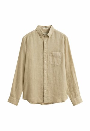 Beiges Leinenhemd mit langen Ärmeln, Knopfleiste, Brusttasche und Knopfkragen, auf weißem Hintergrund präsentiert.