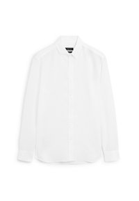 White long-sleeve shirt made of smooth fabric, featuring a button-up front, pointed collar, and rounded hem with buttoned cuffs.