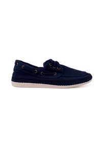 Navy canvas boat shoe with round toe, two eyelets, and matching lace. White rubber sole with woven texture along the edge.