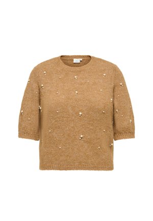 Pull en tricot marron duveteux à manches courtes avec un col rond, décoré de petites et moyennes perles blanches dispersées sur le devant et les manches.
