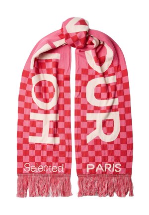 Rosa og rød rutete skjerf med store hvite bokstaver "OH" og "OR", frynsete ender, og teksten "Selected" og "PARIS" nederst.