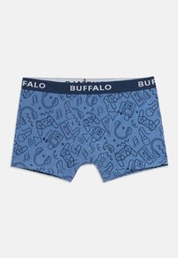 Mėlynos bokso kelnaitės su tamsiai mėlynu juosmeniu, pažymėtu "BUFFALO", su raštu, kuriame pavaizduoti žaidimų valdikliai, ausinės, mikrofonai ir muzikos natos.