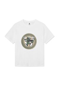 White cotton t-shirt with a round olive and gold printed design featuring a galloping black figure and abstract shapes in earthy tones.