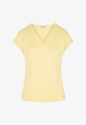 Top da donna a maniche corte di colore giallo chiaro con scollatura a V e una piccola etichetta del marchio al collo, design semplice e vestibilità comoda.
