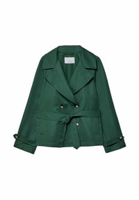 Grøn dobbeltbrystet jakke med klapkrave, taljebånd og knapdetaljer; glat tekstur og afrundede manchetter.