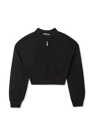 Felpa nera cropped realizzata in morbido tessuto, con collo alto e zip frontale con tirazip in argento, orlo e polsini a coste.
