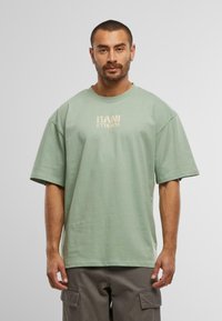 Lys grønn oversized t-skjorte i bomull med senkede skuldre og et trykket logo i beige på brystet. Glatt tekstur og avslappet passform.