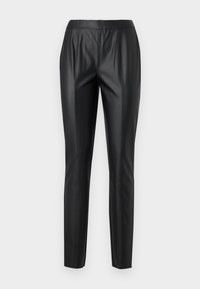 Černé kalhoty z umělé kůže se slim fit střihem, se subtilními předními sklady a rovnými nohavicemi. Hladká textura a minimalistický design.