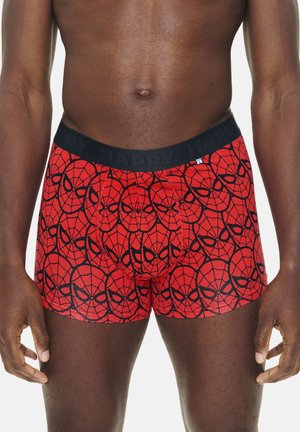 Male torso and upper thighs wearing red boxer briefs with black Spider-Man mask pattern and black waistband labeled "HAPPY".