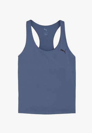 Canottiera sportiva blu con design racerback, realizzata in tessuto liscio, con il logo Puma nero sul lato sinistro del petto.