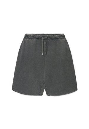 Pantaloncini grigio scuro a vestibilità ampia con elastico in vita e coulisse, dotati di tasche anteriori e una piccola apertura centrale sull'orlo.