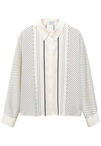 Blouse blanche à manches longues avec col pointu, fines rayures noires verticales et diagonales sur le devant et les manches, poignets boutonnés.