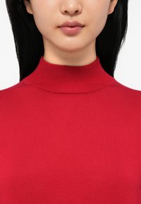 Nahaufnahme einer Person, die einen roten Rollkragenpullover trägt, mit zu sehenden Lippen, Kinn, Hals und einem Teil der langen schwarzen Haare.