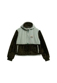 Veste à capuche avec une partie supérieure gris clair et des manches inférieures en fausse fourrure marron foncé. Elle comporte une fermeture éclair à l'avant et deux poches latérales.