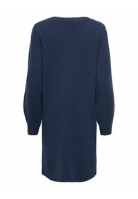 Robe-pull tricotée bleu foncé à manches longues, longueur genou, avec un col rond, vue de dos sur fond blanc.