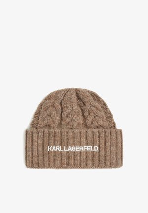 Brah vzorčasti pleten klobuk z kabelskim pletenjem in rebrastim robom. Na sprednji strani je bel logotip "KARL LAGERFELD". Material je iz teksturirane volnene mešanice.