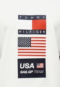Το λογότυπο Tommy Hilfiger, η αμερικανική σημαία και το κείμενο "USA SailGP Team" με μια μικρή σημαία των ΗΠΑ σε λευκό φόντο υφάσματος.