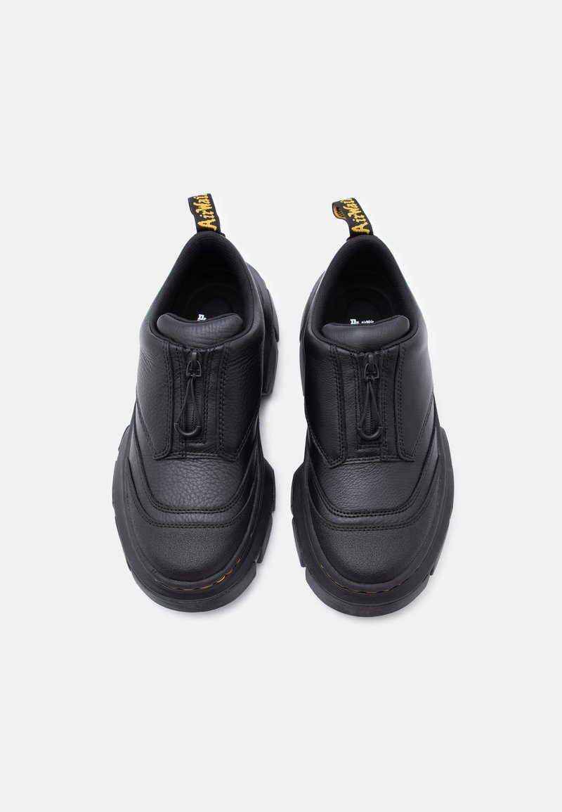 Paar schwarze Leder-Slipper mit klobigen Sohlen und vorderen Reißverschlüssen, von oben auf weißem Hintergrund dargestellt.