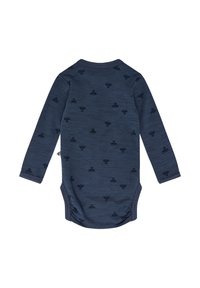 Långärmad bodysuit i marinblått, tillverkad av mjukt tyg med ett mönster av små mörkblå motiv. Tryckknappsstängning i botten för enkel påklädning.