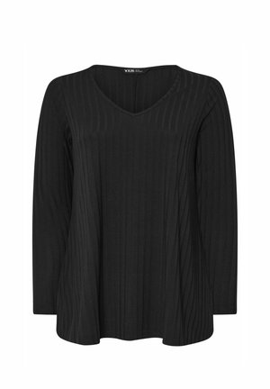 Top noir à manches longues avec col en V, texture côtelée verticale et ourlet légèrement évasé, adapté pour une tenue décontractée ou semi-formelle.