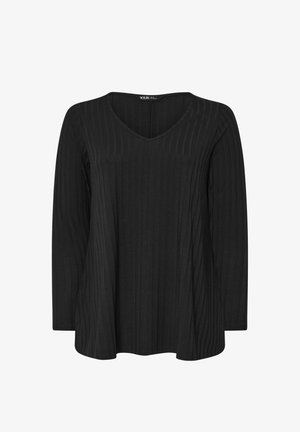Top nero a maniche lunghe con scollo a V, tessuto a costine verticali e orlo leggermente svasato, adatto per abbigliamento casual o semi-formale.