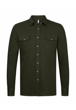 Camicia verde scuro con bottoni in tessuto morbido, caratterizzata da maniche lunghe, colletto a punta, due tasche sul petto e bottoni automatici argento.