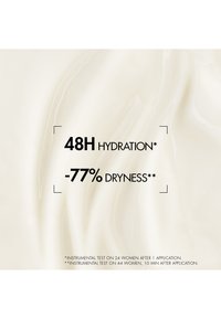Hydrating cream advertisement on a smooth, cream-colored background. Text highlights "48H HYDRATION" and "-77% DRYNESS" in bold black font.