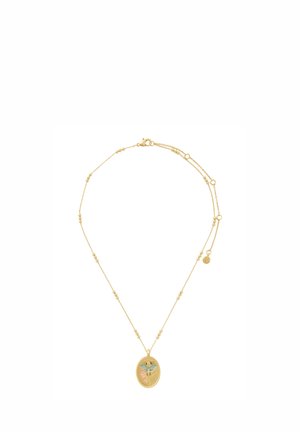 Zelta kaklarota ar maziem pērlītēm un ovālu piekariņu ar ziedu un putnu emaljas dizainiem zilā, rozā un zaļā krāsā.