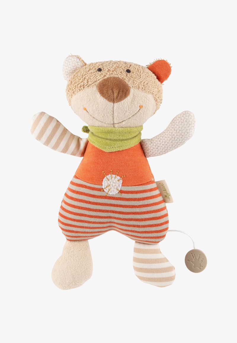 Soft teddy bear toy with orange striped body, beige limbs, green neck scarf, smiling face, and pull string attached to one leg.