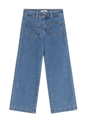 Jeans en denim bleu clair avec une coupe large, dotés de deux poches arrière et d'une fermeture à bouton à l'avant, une texture lisse et un ourlet droit.