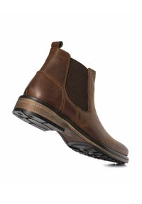Brown leather Chelsea boot with elastic side panels and a textured rubber sole. Features a pull tab on the heel for easy wear.