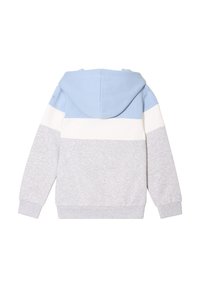 Felpa con cappuccio dal design a blocchi di colore blu chiaro, bianco e grigio. Realizzata in tessuto morbido, presenta una tasca frontale e polsini a costine.