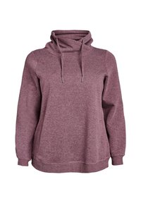Pullover-Hoodie in burgunderrot, aus weichem Stoff gefertigt. Verfügt über einen hohen Kragen, eine Kordel und eine Kängurutasche. Lockere Passform, gerippte Bündchen.