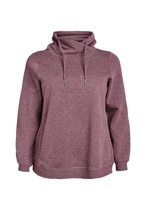 Pullover hoodie in maroon, made from soft fabric. Features a high collar, drawstring, and kangaroo pocket. Relaxed fit, ribbed cuffs.