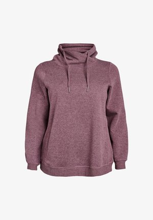 Pullover hoodie in maroon, made from soft fabric. Features a high collar, drawstring, and kangaroo pocket. Relaxed fit, ribbed cuffs.