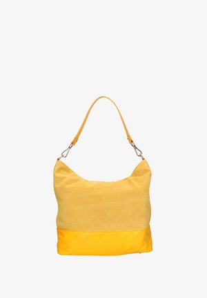 Sac hobo en suede jaune avec un fond en cuir lisse, doté d'une seule sangle et de détails en métal argenté pour la fermeture.