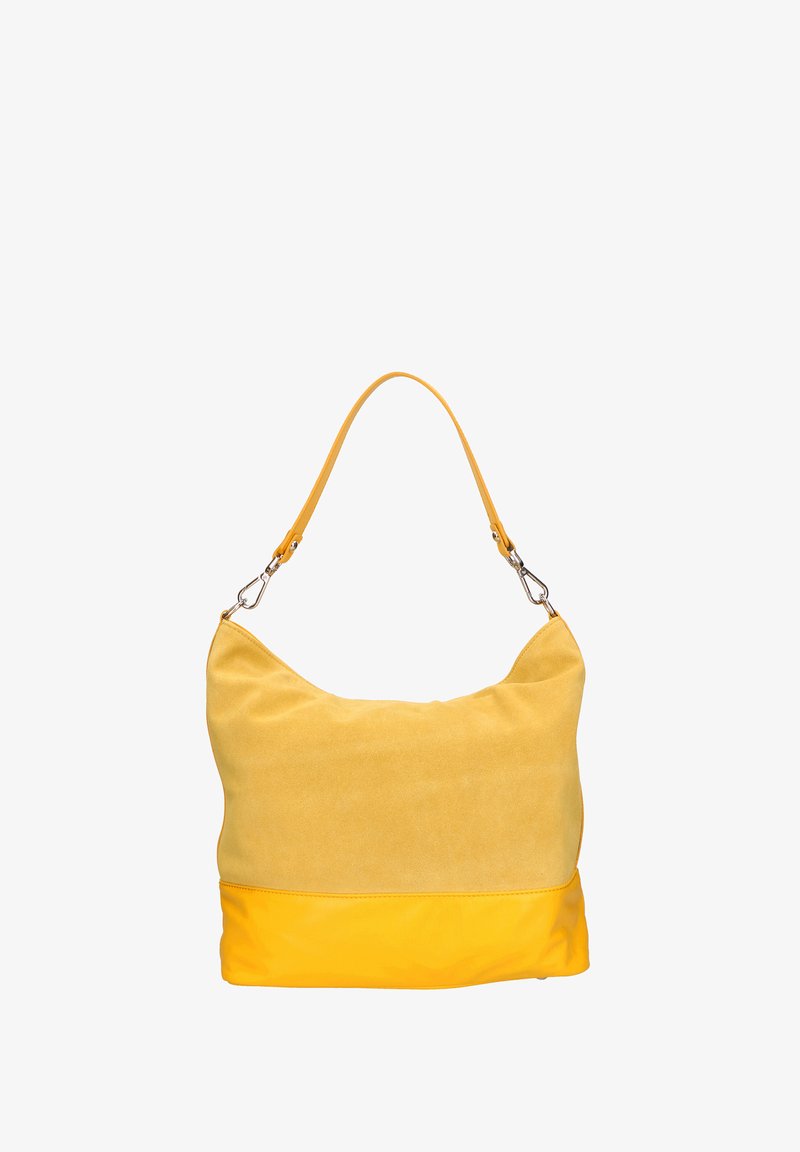 Geel suède hobo tas met een gladde leren bodem, voorzien van een enkele schouderband en zilveren hardware accenten voor de sluiting.
