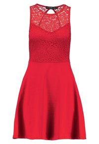 Czerwona sukienka z koronkowym topem i bezrękawowym fasonem, z dopasowaną górą i rozkloszowanym dołem. Gładka tekstura z dekoltem w kształcie łezki na plecach.