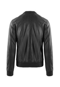 Giacca bomber in pelle nera con polsini e orlo a costine, caratterizzata da una texture liscia e dettagli minimi sulla schiena.