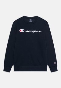 Mörkblå sweatshirt i bomull, med rund halsringning, l�ånga ärmar och en broderad "Champion"-logotyp i vitt och rött över framsidan.