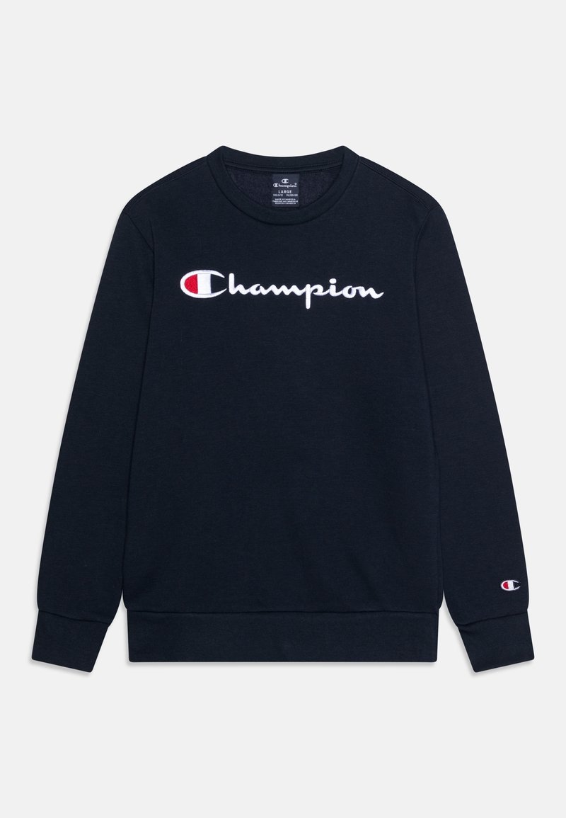 Mörkblå sweatshirt i bomull, med rund halsringning, långa ärmar och en broderad "Champion"-logotyp i vitt och rött över framsidan.