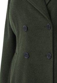 Cappotto doppio petto in misto lana verde con colletto a revers, due bottoni neri e superficie liscia.