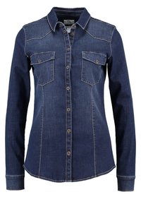 Dunkelblaue Jeanshemd mit klassischem Kragen, zwei Brusttaschen, Knopfleiste und kontrastierenden Nähten entlang der Säume.